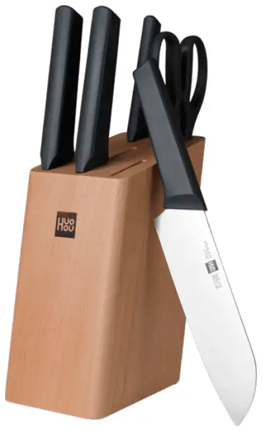 Набор стальных ножей (4 ножа ножницы деревянная подставка из бука) Huo Hou 6-Piece Kitchen Knife Set Lite (HU0057), черный японский топорик накири samura damascus sd 0043 y