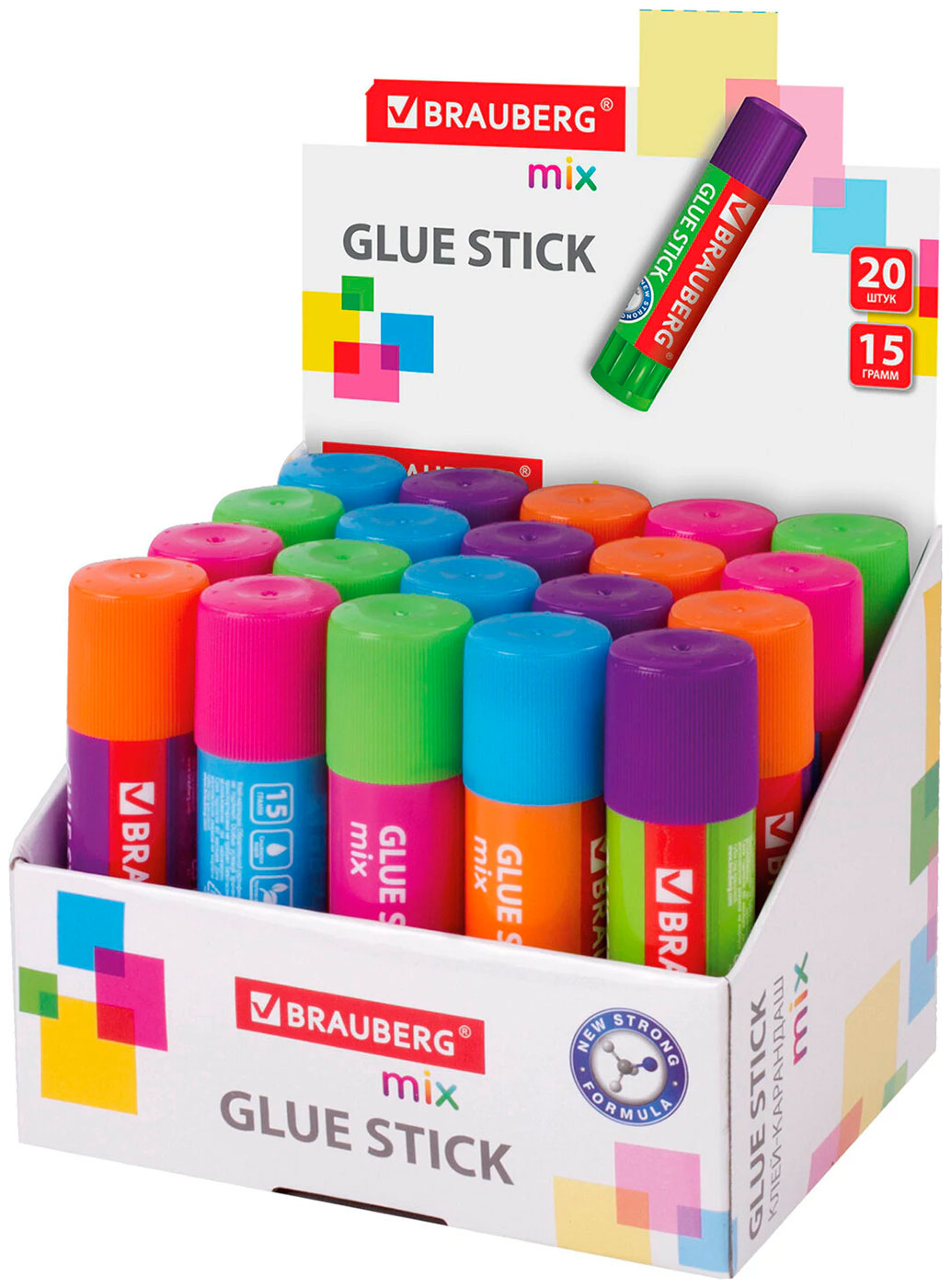 Изображение товара Клей-карандаш Brauberg MIX 15 г комплект 20 штук, безопасный и без запаха