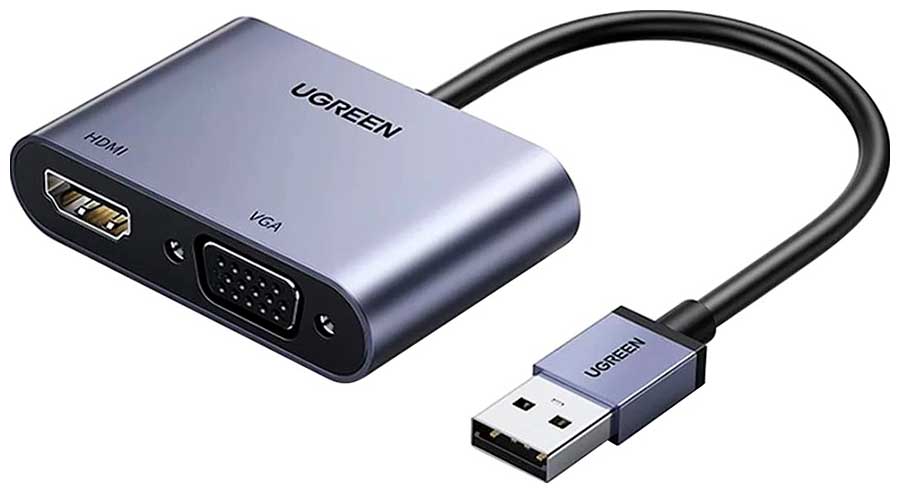 Видеоадаптер Ugreen USB 3.0 - HDMI+VGA, 1080p, цвет серый (20518) видеоадаптер ugreen usb 3 0 hdmi vga 1080p цвет серый 20518