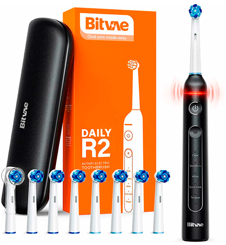 фото Электрическая зубная щетка bitvae r2 rotary e- toothbrush (футляр + 8 насадок + колпачок для насадок) (r2) global, черная