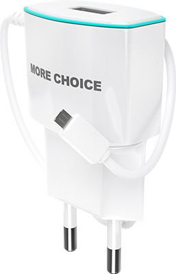 Сетевое ЗУ MoreChoice 1USB 1.0A для кнопочных телефонов micro USB со встроенным кабелем NC40m (White Blue)