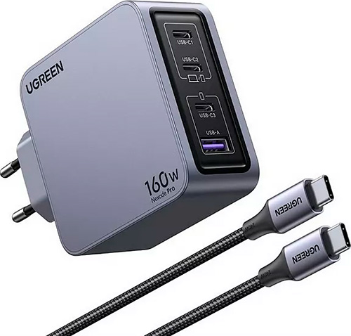 фото Зарядное устройство ugreen x763 (25877), nexode pro 160w, usb-a+3*usb-c, gan tech fast, charger eu с кабелем, 1m, 100w. цвет: серый