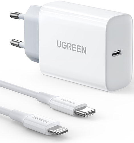 

Сетевое зарядное устройство с кабелем Ugreen USB-C - Lightning PD, Fast Charger, белый (50698)