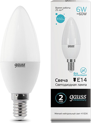 

Лампа GAUSS LED Elementary Свеча 6W E14 450lm 4100K 33126 упаковка 10шт