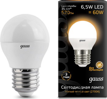 Лампа GAUSS LED Шар E27 6.5W 520lm 3000K 105102107 Упаковка 10шт лампа gauss led шар e27 6 5w 520lm 3000k 105102107 упаковка 10шт