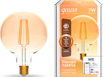 Светодиодная лампа GAUSS филаментная Smart Home DIM E27 G95 Golden 7 Вт лампа светодиодная gauss 1340112 e27 g95 6 5вт