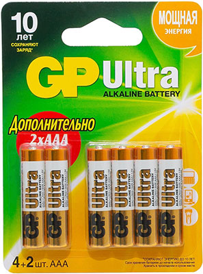 Набор алкалиновых батареек GP Ultra Alkaline АAA (LR03)  6 шт. 24AU4/2-2CR6 Ultra 72/720