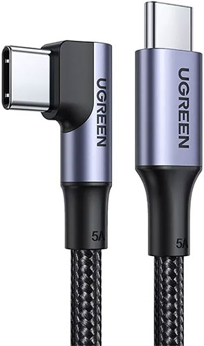 фото Кабель ugreen us334 (20583) usb-c 2.0 male to angled 90° usb-c 2.0 male 5a data cable, 3 м, черный