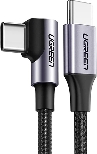 фото Кабель угловой ugreen us255 (50123) usb-c 2.0 male to angled 90° usb-c 2.0 male 3a data cable. длина: 1м. цвет: серо-черный