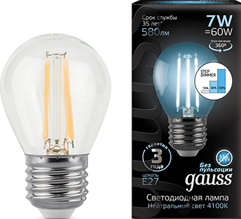 

Лампа GAUSS, LED Filament Шар E27 7W 580lm 4100K step dimmable 105802207-S