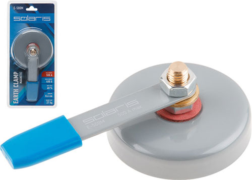 Изображение товара Клемма заземления Solaris 500А, E-500M, магнитная, в блистере (непрерыв. режим 400 А, макс. 500, А 86 мм, 27 кг)