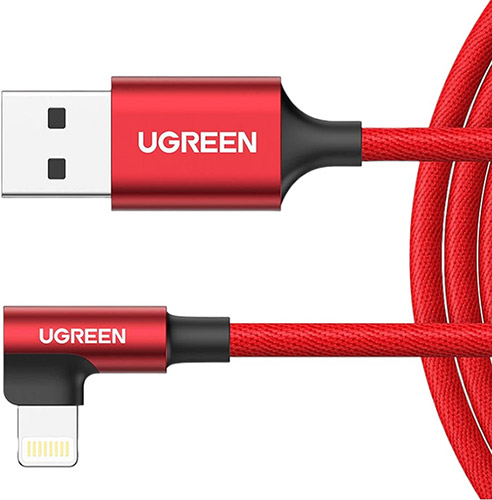 фото Кабель угловой ugreen right angle usb-a to lightning cable длина 1 м, красный (60555)