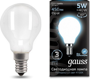 

Лампа GAUSS, LED Filament Шар OPAL E14 5W 450lm 4100K 105201205 Упаковка 10шт