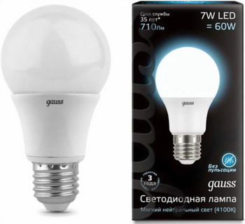 

Лампа GAUSS, LED A60 E27 7W 710lm 4100K 102502207 Упаковка 10шт