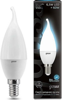 

Лампа GAUSS, LED Свеча на ветру E14 6.5W 550lm 4100K 104101207 Упаковка 10шт