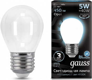 

Лампа GAUSS, LED Filament Шар OPAL E27 5W 450lm 4100K 105202205 Упаковка 10шт