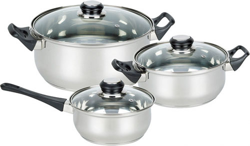 фото Набор посуды из 6 предметов mallony baks-set-6, 2 кастрюли 2 и 2.8 л + ковш 1.4 л, нержавеющая сталь, с крышками (981055)