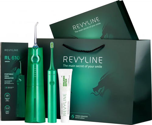 фото Подарочный набор revyline green dragon №3 с ирригатором и щеткой + зеленый пакет