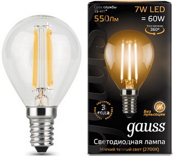 

Лампа GAUSS, LED Filament Шар E14 7W 550lm 2700K 105801107 Упаковка 10шт