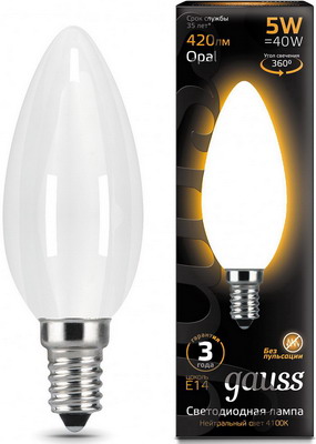 Лампа GAUSS LED Filament Свеча OPAL E14 5W 420lm 2700К 103201105 Упаковка 10шт лампа gauss led filament свеча на ветру e14 5w 420lm 4100k golden 1 10 50