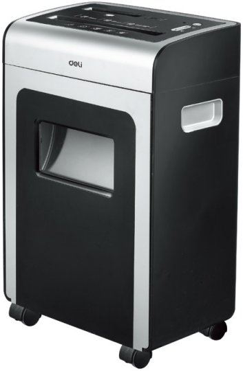 

Уничтожитель бумаги (шредер) Deli 9915 черный (секр.P-4) фрагменты 10лист. 21лтр. скрепки скобы пл.карты CD