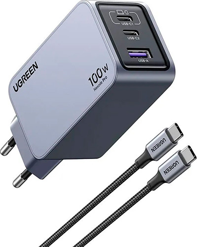 фото Сетевое зарядное устройство ugreen x757 (25874), nexode pro 100w, usb-a+2*usb-c gan tech, fast charger, eu с кабелем 1m 100w. цвет: серый