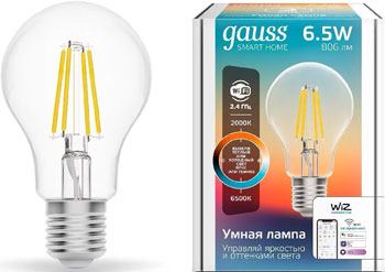 Светодиодная лампа GAUSS филаментная Smart Home DIM CCT E27 A60 6 5Вт 2000-6500 К лампа светодиодная gauss 1340112 e27 g95 6 5вт