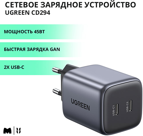 фото Сетевое зарядное устройство ugreen nexode mini 2xusb-c 45w pd gan fast charger eu, цвет серый (90573)