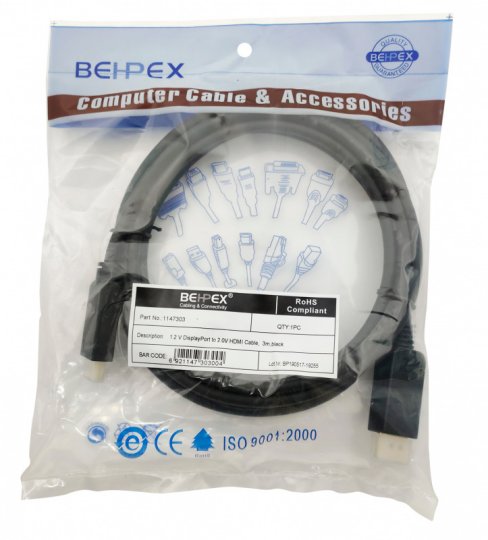 

Кабель Noname 1.2v ver2.0 DisplayPort (m) HDMI (m) 3м черный