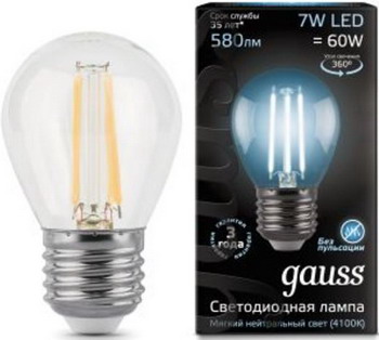 

Лампа GAUSS, LED Filament Шар E27 7W 580lm 4100K 105802207 Упаковка 10шт