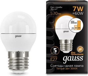 

Лампа GAUSS, LED Шар E27 7W 520lm 3000K step dimmable 105102107-S