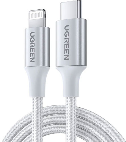 фото Кабель ugreen us304 (70524) usb-c to lightning m/m cable aluminum shell braided, 15 м, серебристый