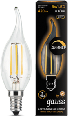

Лампа GAUSS, Filament Свеча на ветру dimmable E 14 5W 2700 K 104801105-D