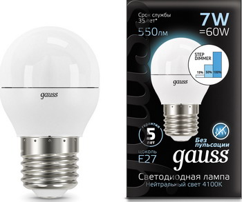 

Лампа GAUSS LED Шар E27 7W 550lm 4100K step dimmable 105102207-S