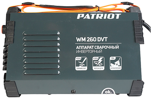 Аппарат сварочный инверторный Patriot WM260DVT, MMA, входное напряжение: 1ф140-240В, сварочный ток макс: 260A, ПВ при макс. токе: 70%, дисплей ARC FORCE