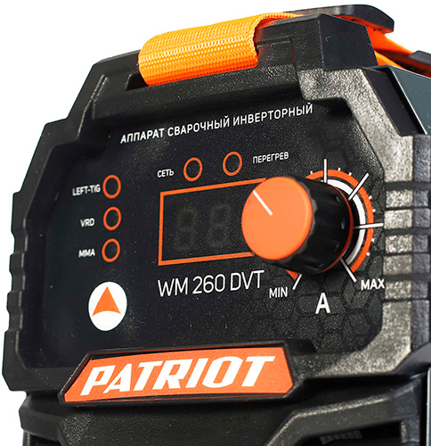 Аппарат сварочный инверторный Patriot WM260DVT, MMA, входное напряжение: 1ф140-240В, сварочный ток макс: 260A, ПВ при макс. токе: 70%, дисплей ARC FORCE