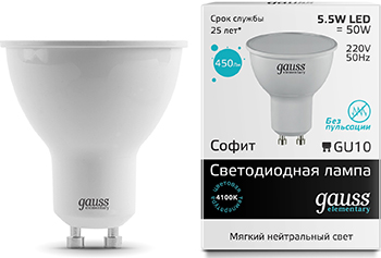 

Лампа GAUSS, LED Elementary MR16 GU10 5.5W 450lm 4100К 1/10/100 13626