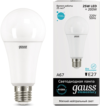

Лампа GAUSS, LED Elementary A67 25W E27 2100lm 4100K 1/10/50 73225