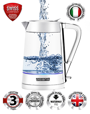 

Чайник электрический Polaris PWK 1715 CGL Water Way Pro белый, Прозрачный/белый