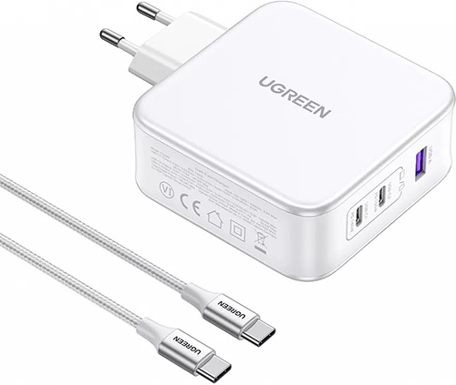 фото Сетевое зарядное устройство ugreen cd289 (15339) nexode 140w, usb-a+2usb-c, gan fast charger with, usb-c-usb-c, с кабелем usb-c к usb-c, 2 м, белый