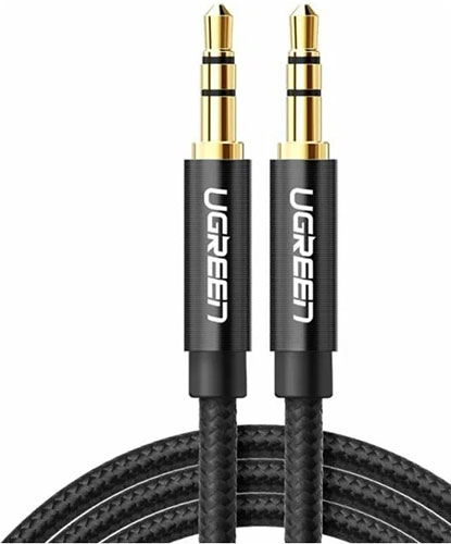 фото Кабель ugreen av112 (50361) 3.5 mm male to 3.5 mm male, cable gold plated metal case with braid, 1 метр, черный