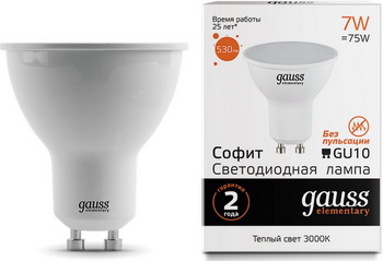 

Лампа GAUSS, LED Elementary MR16 GU10 7W 530lm 3000К 13617 Упаковка 10шт