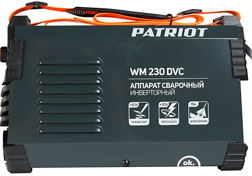 Аппарат сварочный инверторный Patriot WM230DVC, MMA, входное напряжение: 1ф140-240В, сварочный ток макс: 230A, ПВ при макс. токе: 70%, дисплей кейс AR