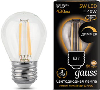 

Лампа GAUSS Filament dimmable E 27 5W 2700 K 105802105-D