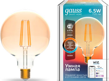 Светодиодная лампа GAUSS филаментная Smart Home DIM CCT E27 G95 Golden 6 5 Вт 2000-5500 К лампа светодиодная gauss 1340112 e27 g95 6 5вт