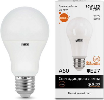

Лампа GAUSS, LED Elementary A60 10W E27 880lm 3000K 23210 Упаковка 10шт