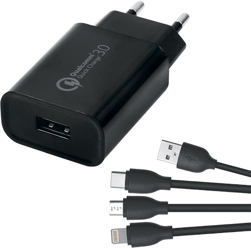 фото Сетевое зарядное устройство red line tech, usb qc 3.0, модель nqc1-3a, + кабель 3в1, usb – microusb + lightning + type-c, 2a, черный (ут000032803)