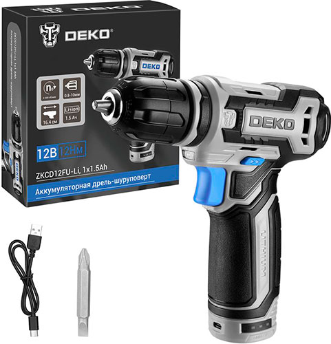 

Аккумуляторная дрель-шуруповерт Deko ZKCD12FU-Li 12В 1х1.5Ач черно-синий