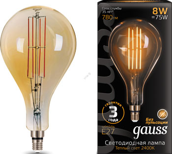 

Лампа GAUSS LED Vintage Filament A160 8W E27 160*300mm Amber 780lm 2400K