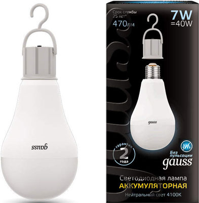 

Лампа GAUSS, LED A60 7W E27 470lm 4100K с Li-Ion аккумулятором